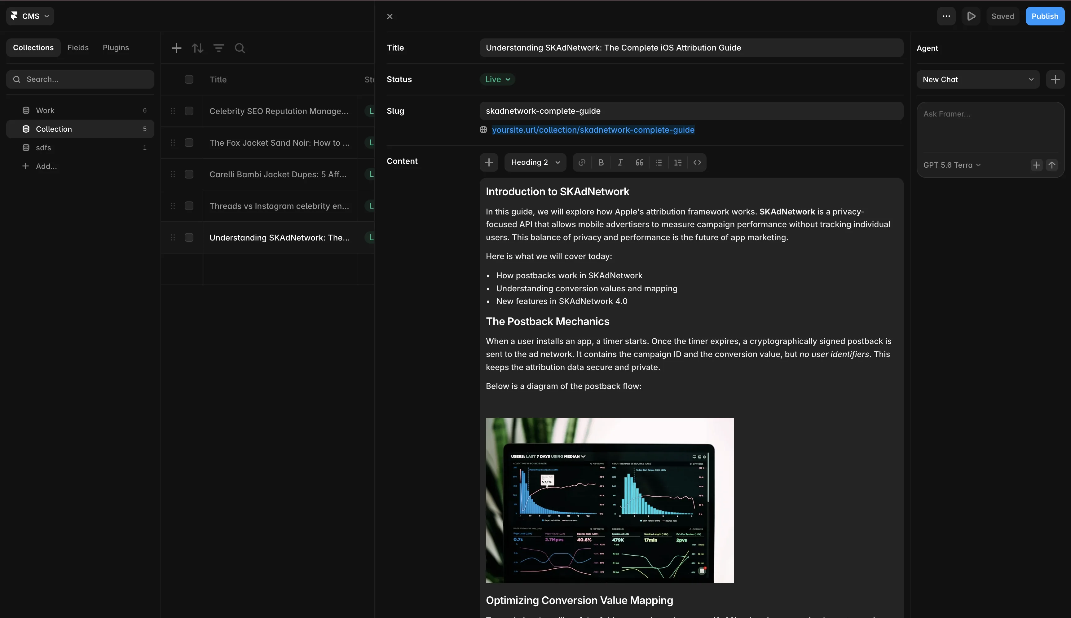 After connecting, publish a blog and check the row in Framer's CMS to verify the Cover Image and Published Date show up