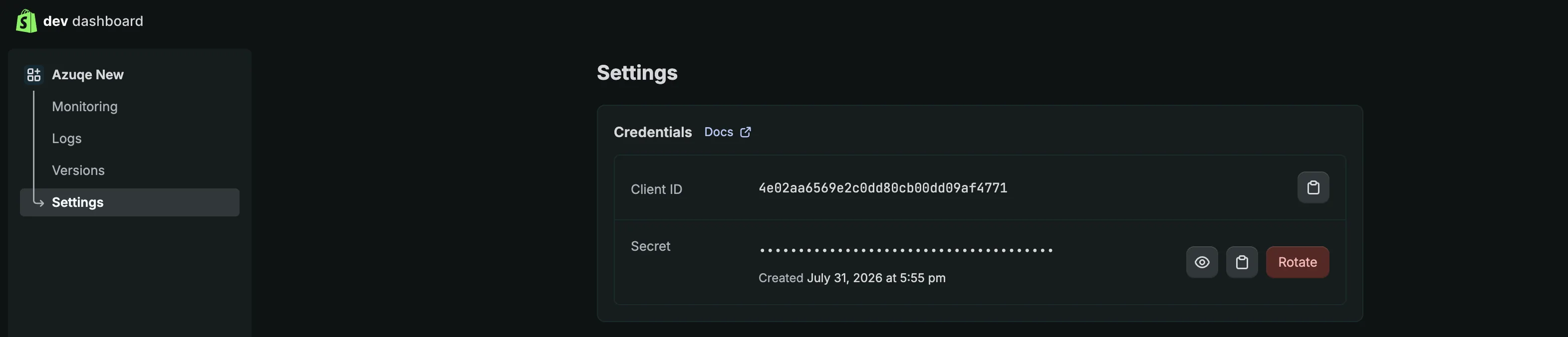 Client ID (32-char) and Client Secret (shpss_...) live under Settings → Credentials