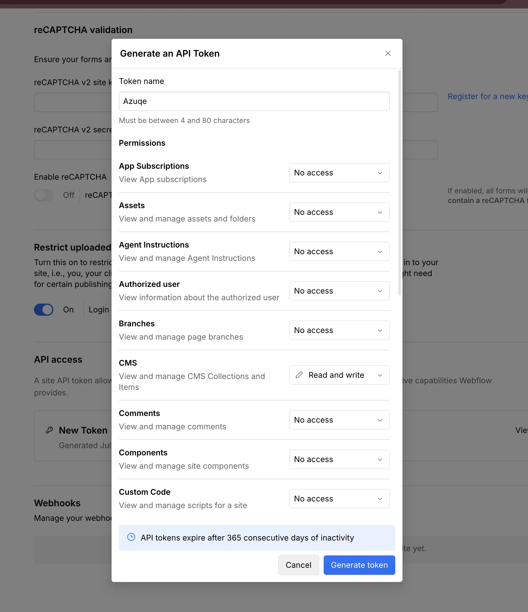 Click Generate API token, name it Azuqe, and select the CMS + Sites scopes