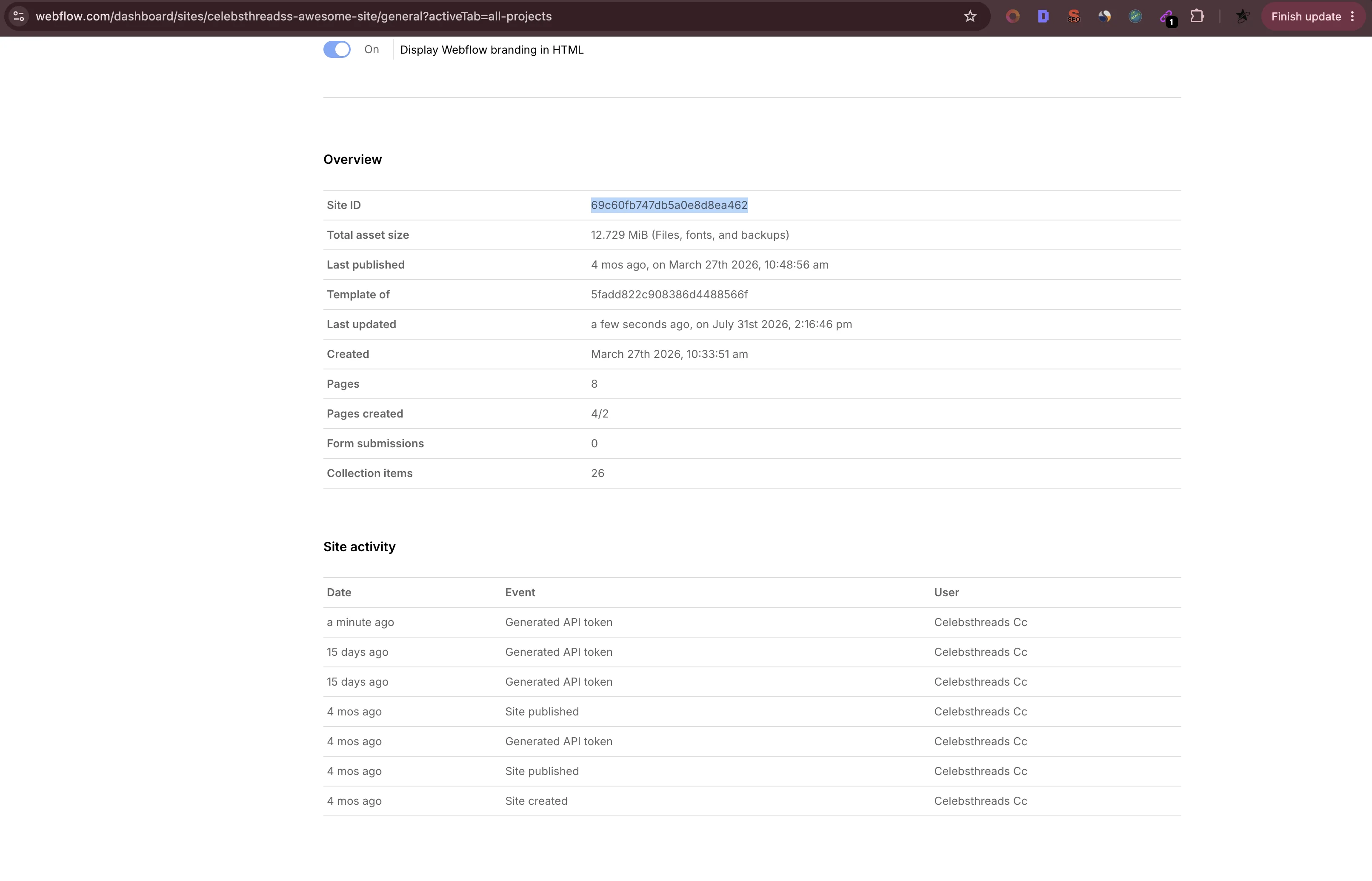 Site ID lives in Site settings → General