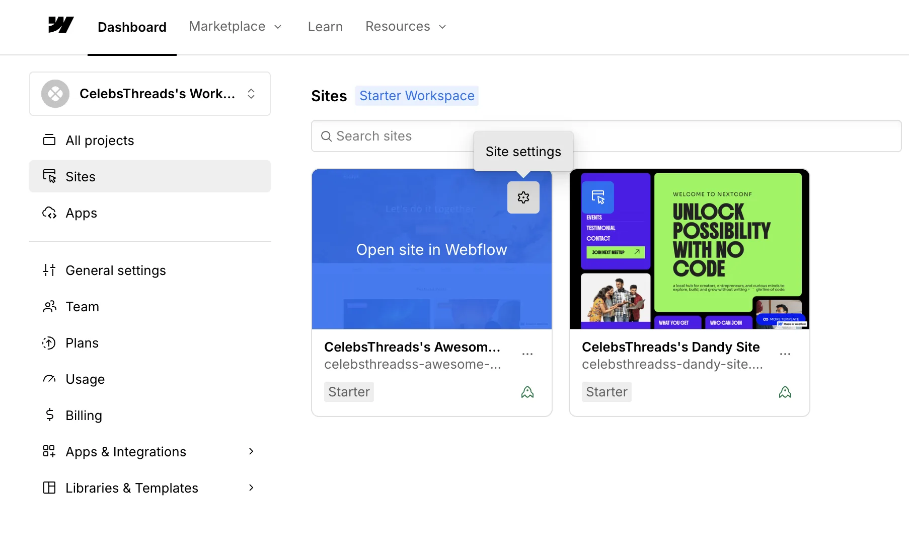Open your Webflow site and click Site settings in the top right
