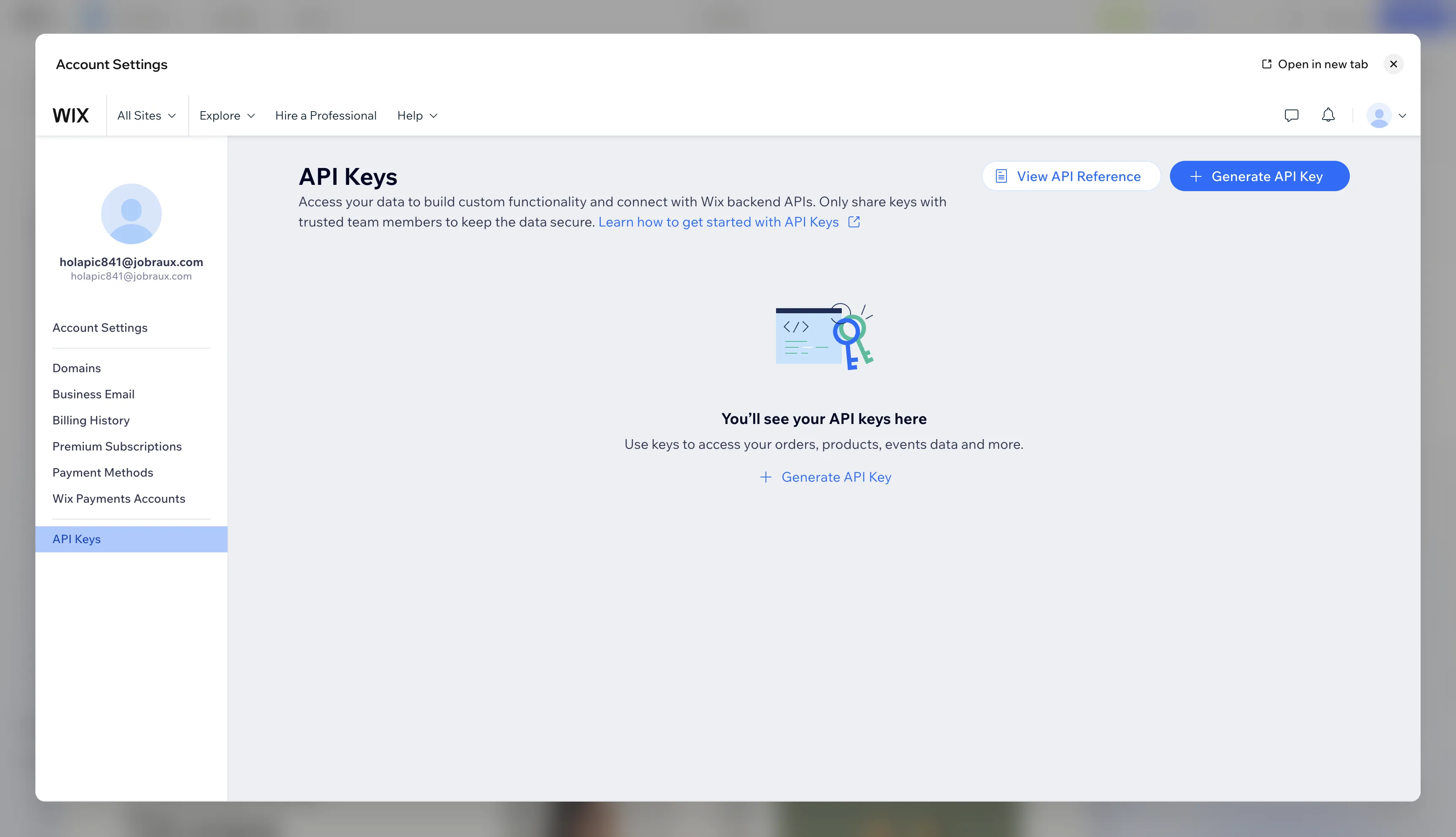 Navigate to Account Settings then API Keys in the left sidebar