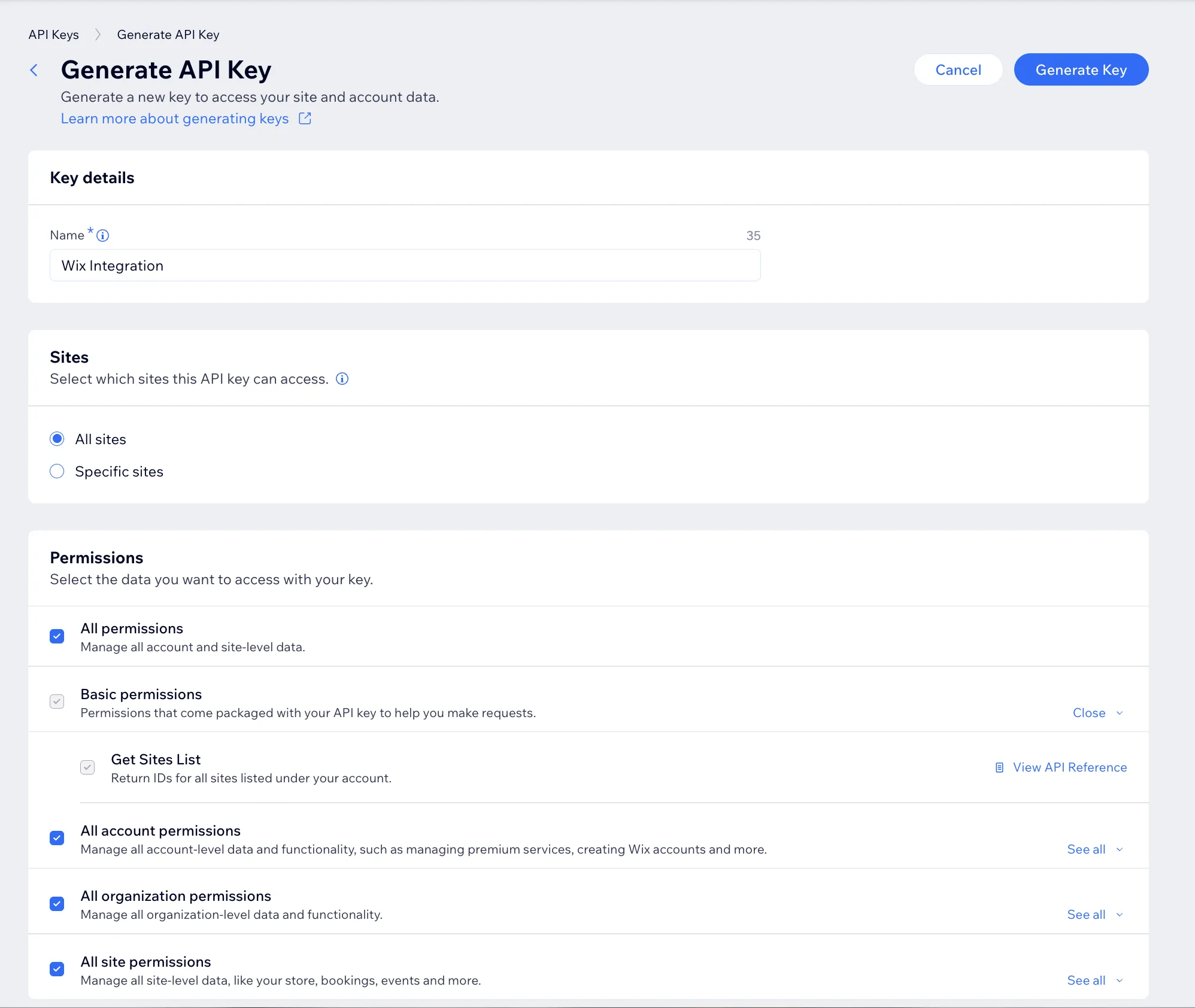 Select All site permissions and click Generate API Key