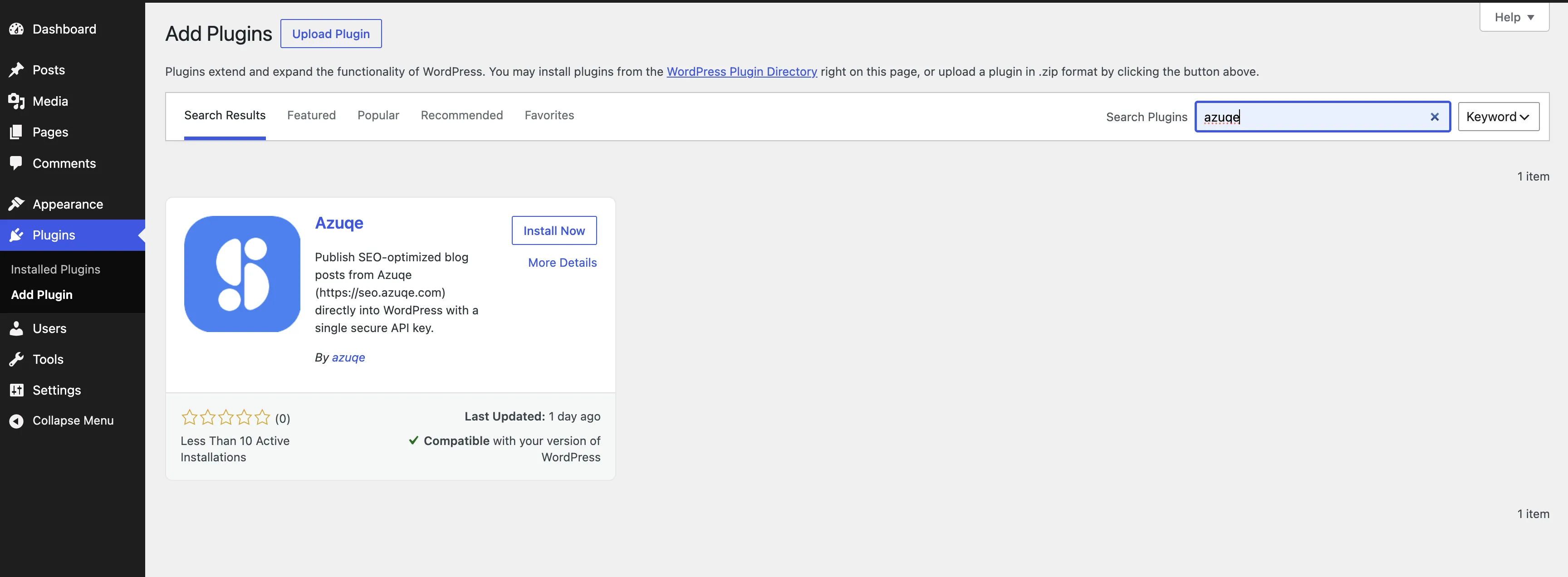 Search for the Azuqe plugin in WordPress → Plugins → Add New