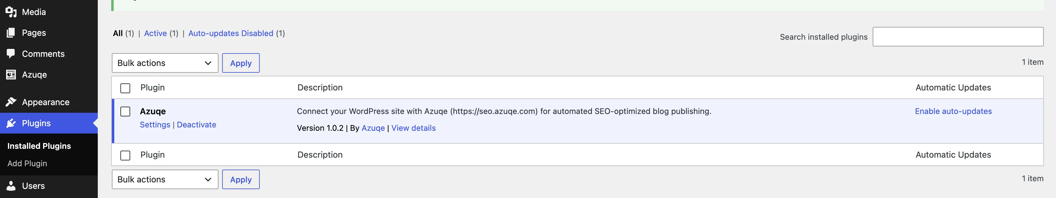 Confirm the Azuqe plugin is Activated