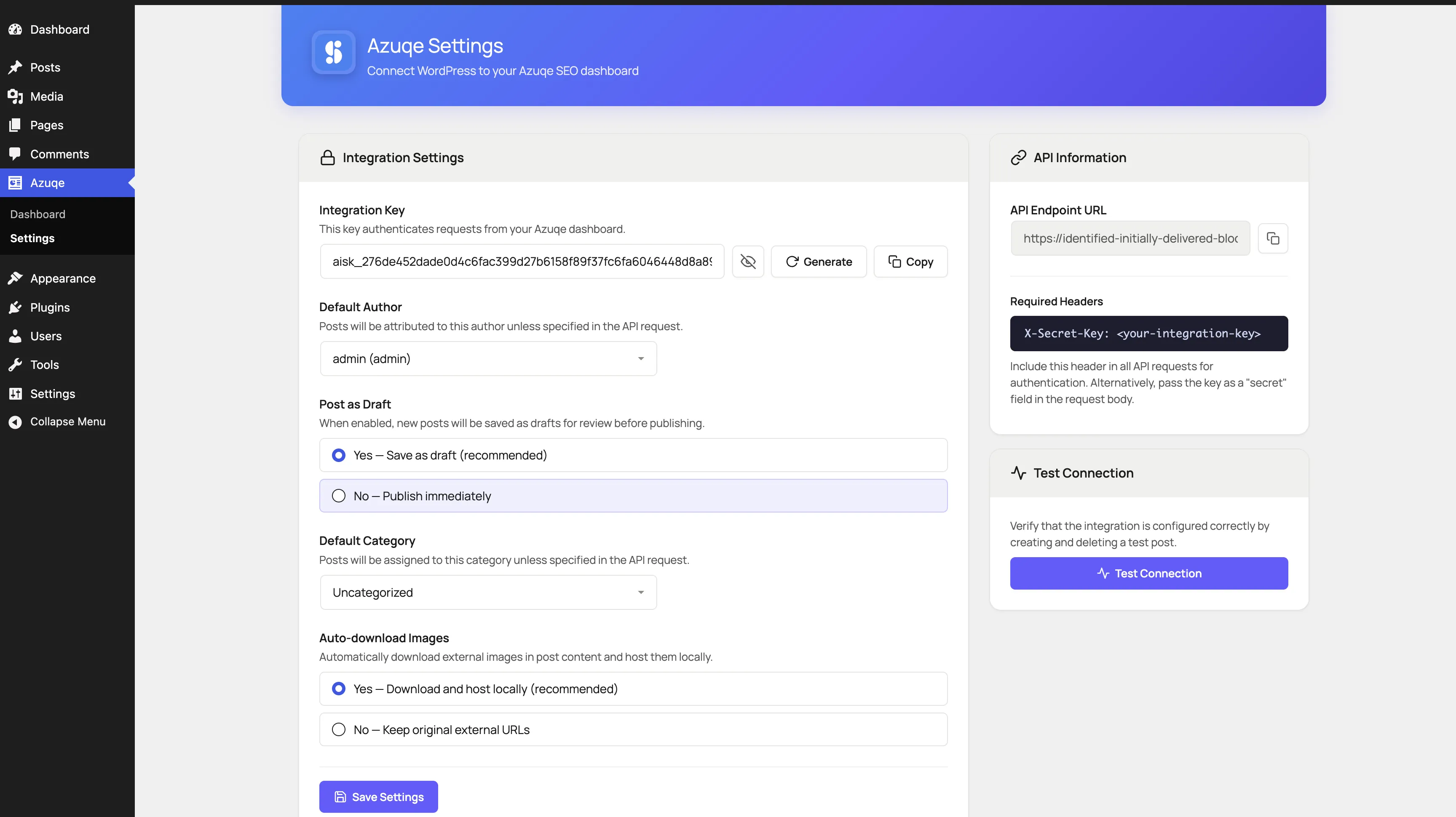 Copy the Integration Key from Azuqe → Settings