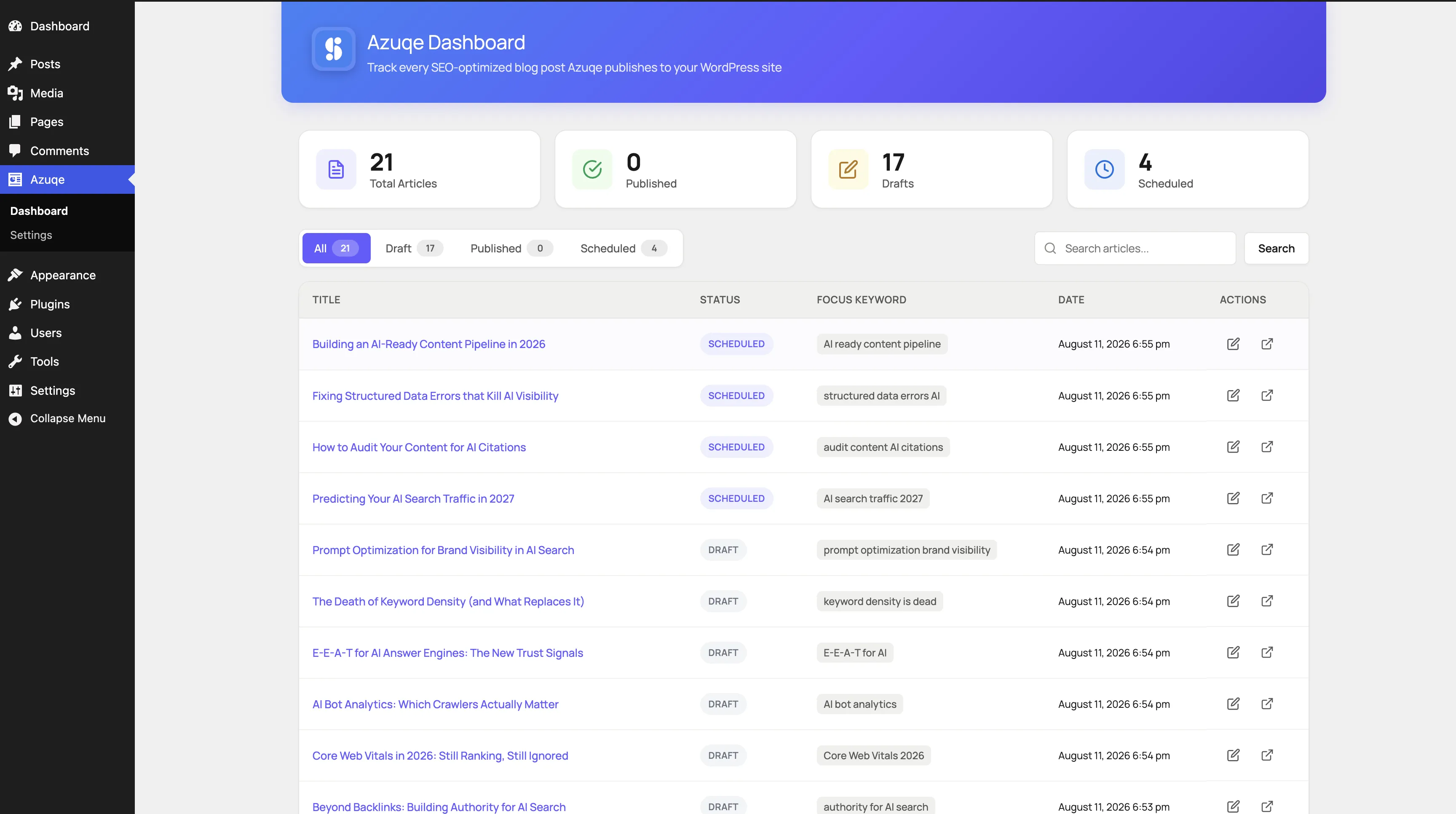 See all published, draft, and scheduled posts on the plugin dashboard